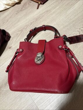 Tumi Red Leather Shoulder Bag with Silver-Tone Lock